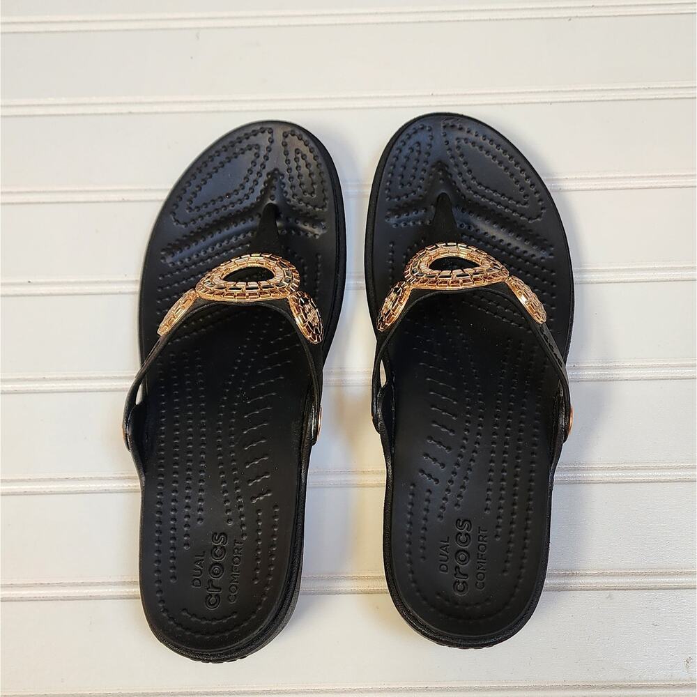 Crocs Women's Sanrah Diamante Wedge Flip Sandals Size 8 Black - Picture 2 of 10